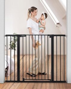 This image shows the result of COMOMY Extra Tall Baby Gate for Stairs Doorways